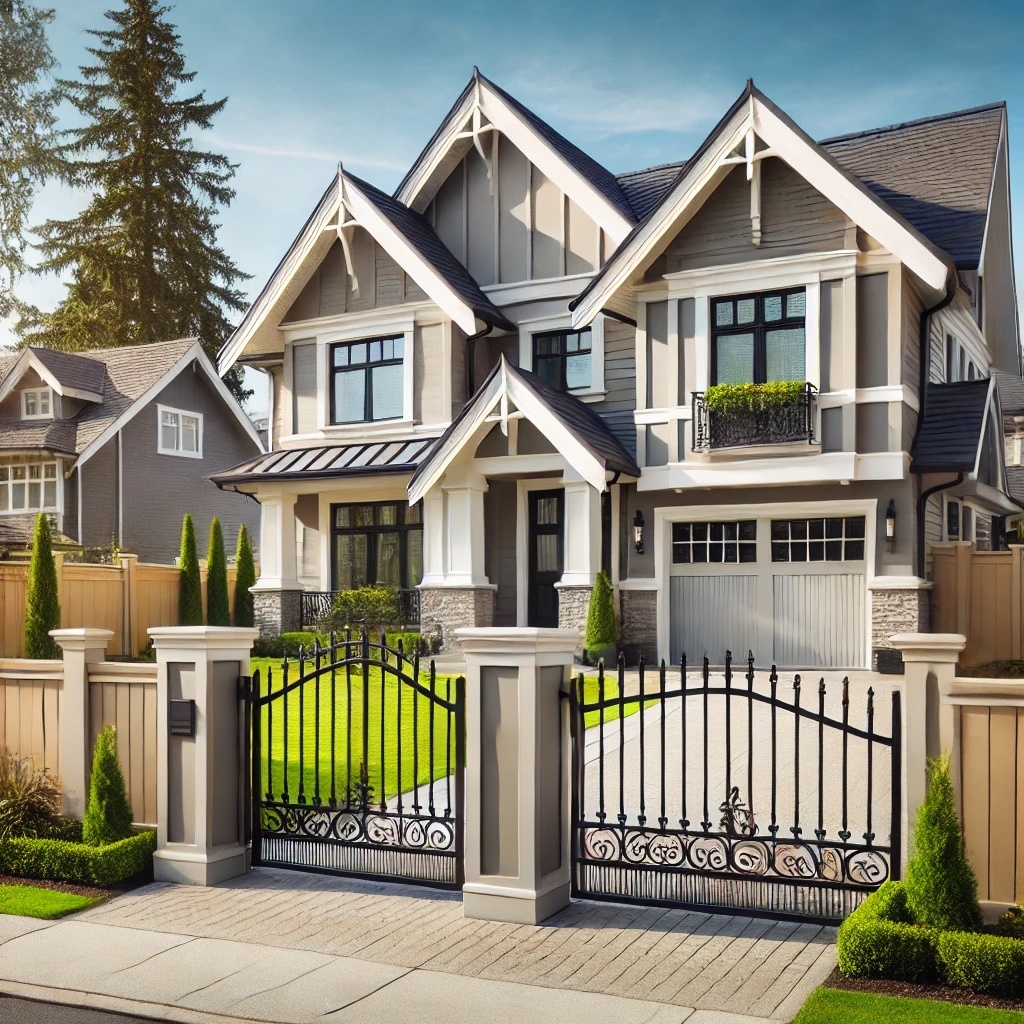 This image is of a beautiful, bright home with a luxurious, brand-new gate and fence around the yard.