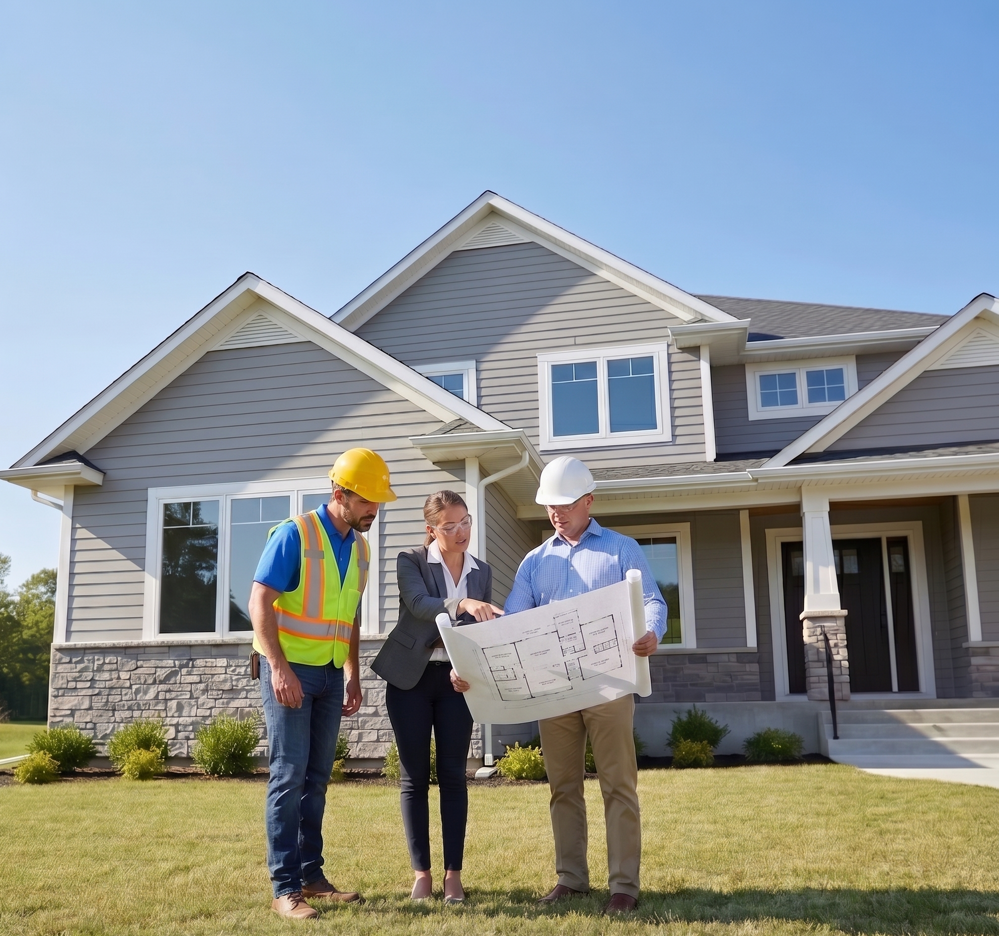 A construction worker, architect and contractor review a sustainable construction project plan with a tablet and blueprints on the lawn of a modern, suburban home on a clear, summer day.