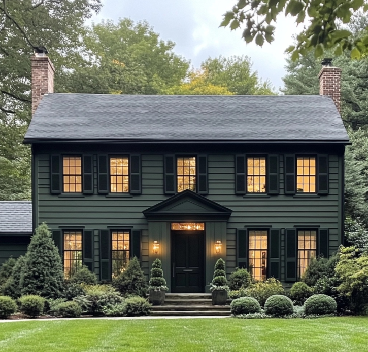 This image depicts a colonial-style home with dark green siding and black shutters.