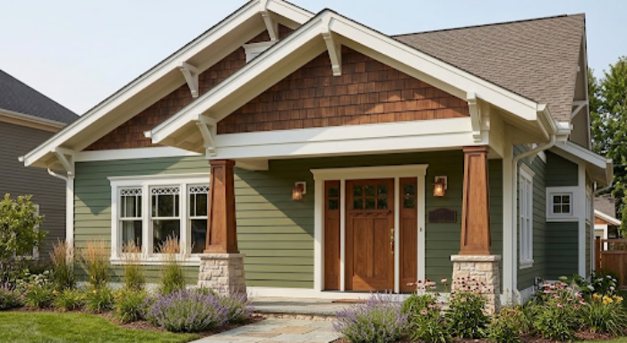 Exterior of a charming Craftsman bungalow with green siding, cedar shake gables, white trim, stone-base columns and a landscaped garden.