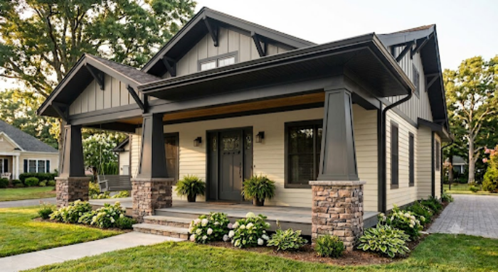 Craftsman home with cream lap siding, dark grey trim, aluminum-wrapped columns with stone bases, grey board-and-batten gables and a large porch.