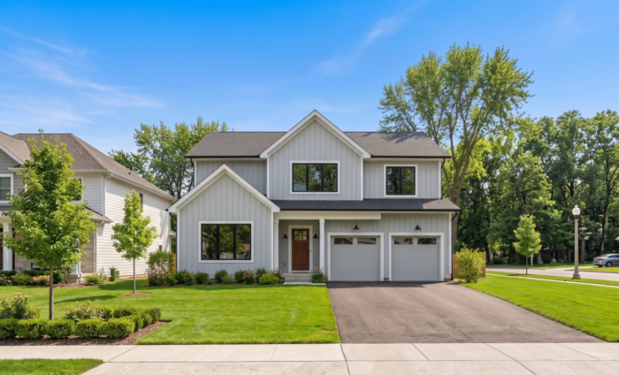 A modern, two-story home with grey board and batten siding and a black roof feature a wood front door, a two-car garage and a lush, green lawn.