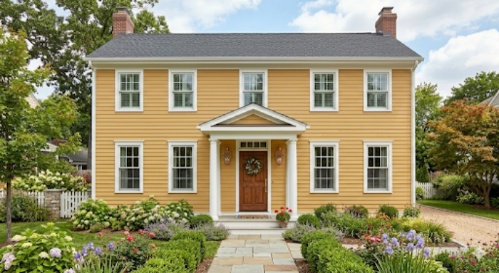 House with cream siding, white trim and a forest green front door