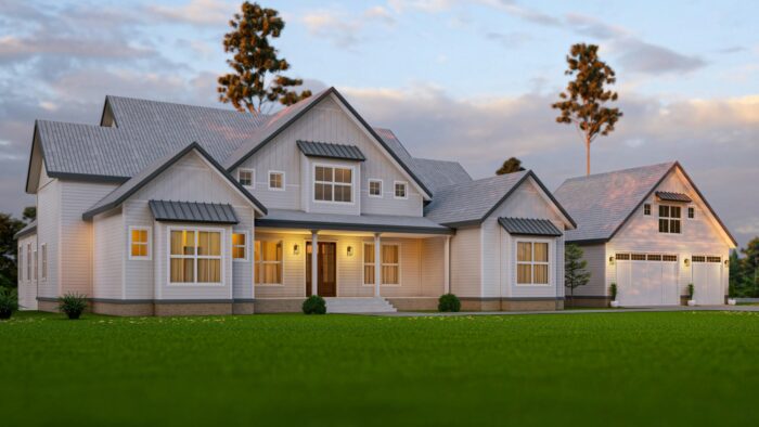 A stunning multi-story home has beige vinyl siding for a timeless look.