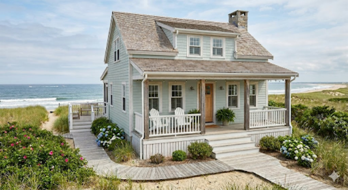 Beach-front house with seafoam-blue siding and whitewashed wood accents