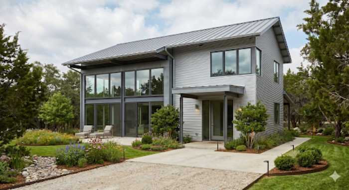 A minimalist house design with cool silver-gray siding, zinc accents and expansive glass elements