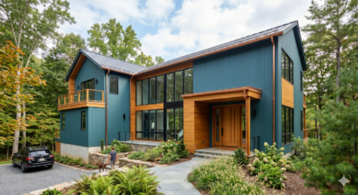 House with slate-teal siding, copper gutters and warm oak accents