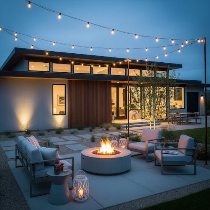 A stunning backyard has a sitting area, string lights, lanterns, spotlights, a fire pit and beautiful hardscaping.