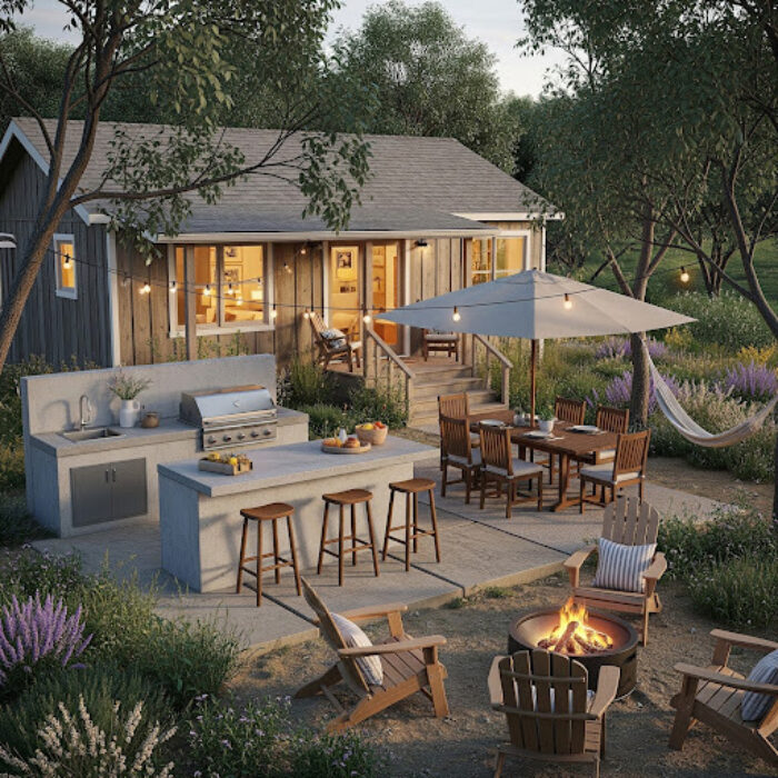 A backyard features a grilling station, a bar, seating areas, a fire pit and stunning plants.