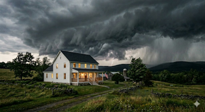 A white farmhouse is shown as a storm rolls in over the mountains.