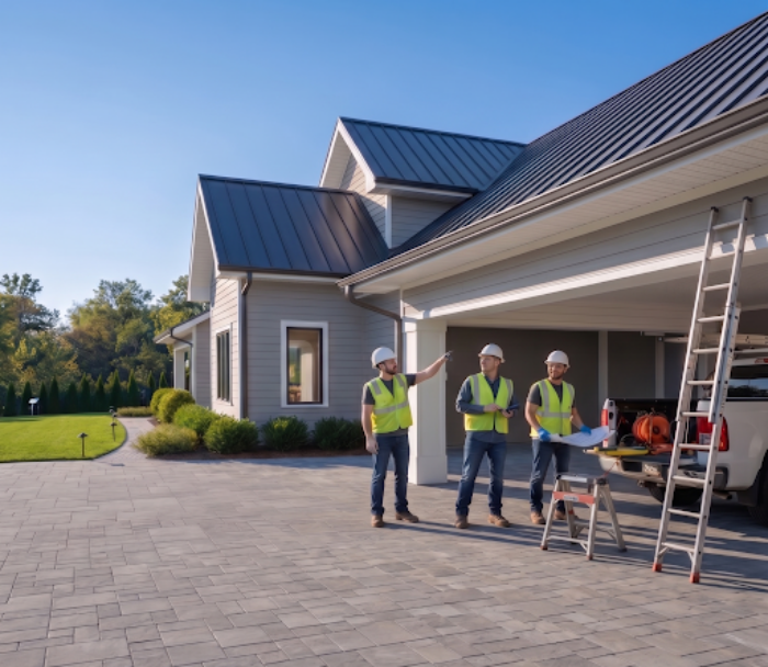 Three construction workers in safety vests and hard hats stand on a large stone-paved driveway discussing sustainable construction plans in front of a modern home with a metal roof and an open, spacious car port.