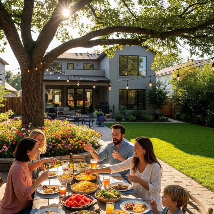 Friends eat dinner outside in a beautiful backyard under string lights and a tall tree.