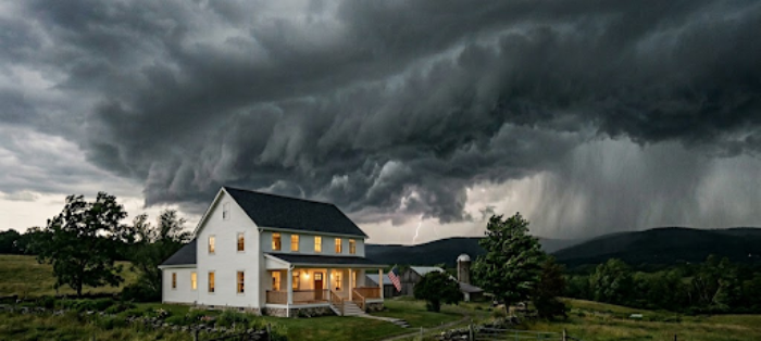 A white farmhouse is shown as a storm rolls in over the mountains.
