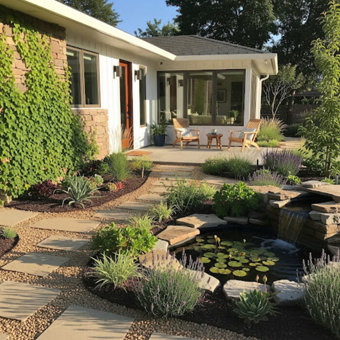 A modern backyard has hardscaping, stunning plants, a water feature, a green wall and a sitting area.