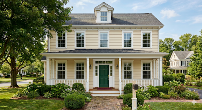 House with cream siding, white trim and a forest green front door