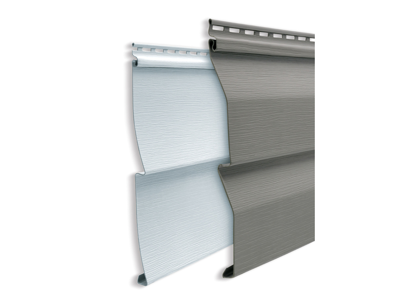 This image depicts two pieces of vinyl siding in different colors, one lighter and one darker.