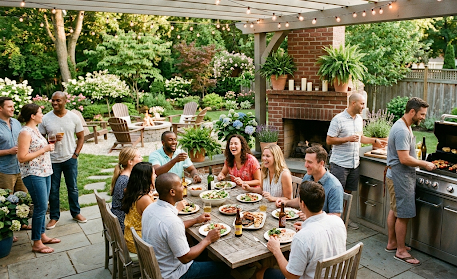 A backyard dinner party on a stone patio features a modern outdoor kitchen, a brick fireplace and glowing string lights under a wooden pergola.