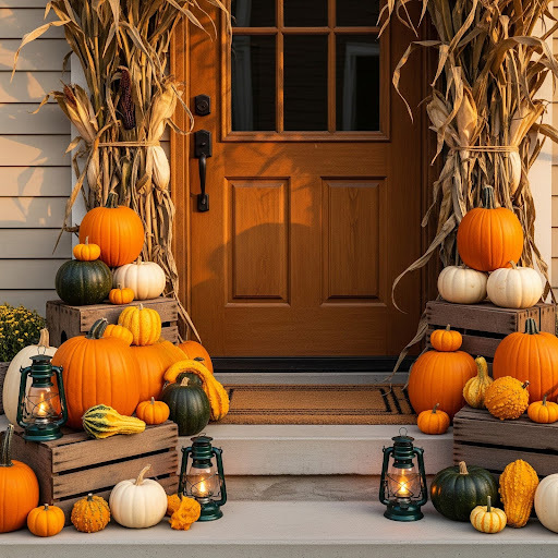 A porch vignette uses corn stalks, pumpkins, gourds, lanterns and wooden crates to create a festive exterior design.