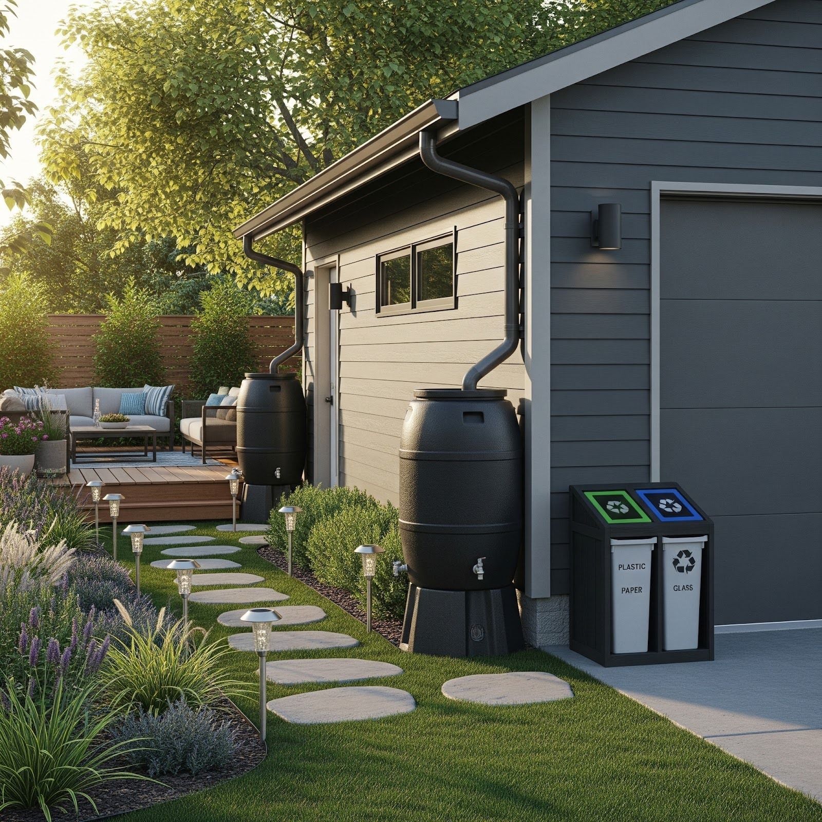 A modern backyard has a walkway, a seating area, rain barrels, recycling bins and solar lights for a sustainable design.