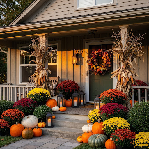 A fall porch is decorated with pumpkins, mums, corn stalks, a seasonal wreath and lanterns.