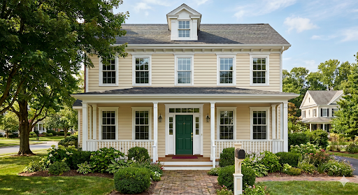 House with cream siding, white trim and a forest green front door